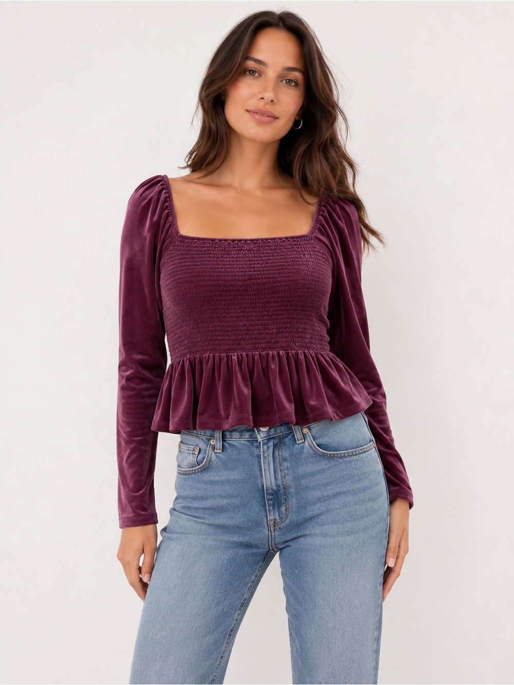 NWT GAP Velvet Smocked Peplum Top Purple Long Sleeve Square Neck XL
